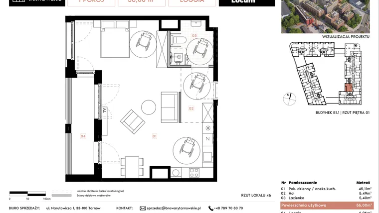 Rzut - Mieszkanie na sprzedaż 1 pokój o powierzchni 56 m² - numer B1.1.46 w Browary Tarnowskie etap 1