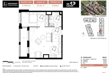 Rzut - Mieszkanie na sprzedaż 2 pokoje o powierzchni 55,55 m² - numer B1.1.51 w Browary Tarnowskie etap 1