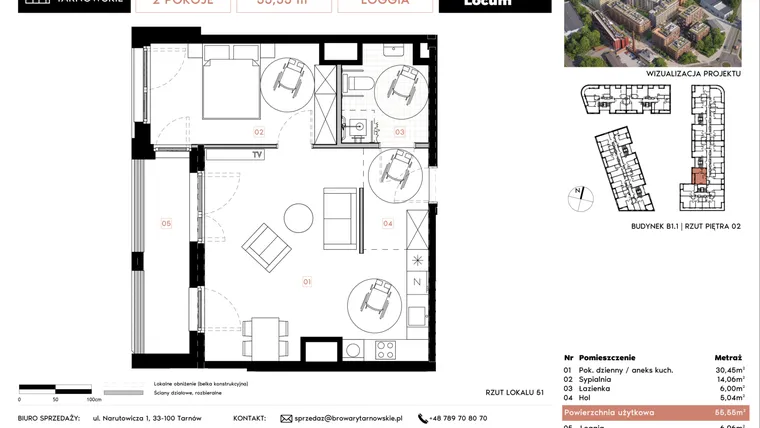 Rzut - Mieszkanie na sprzedaż 2 pokoje o powierzchni 55,55 m² - numer B1.1.51 w Browary Tarnowskie etap 1