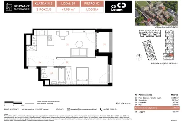 Rzut - Mieszkanie na sprzedaż 2 pokoje o powierzchni 47,95 m² - numer B1.1.81 w Browary Tarnowskie etap 1