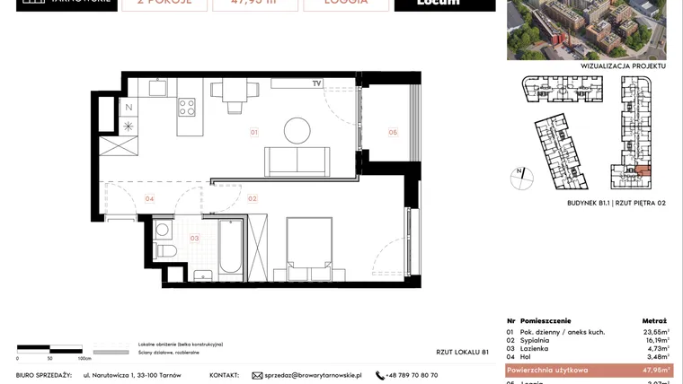 Rzut - Mieszkanie na sprzedaż 2 pokoje o powierzchni 47,95 m² - numer B1.1.81 w Browary Tarnowskie etap 1