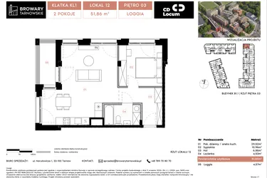 Rzut - Mieszkanie na sprzedaż 2 pokoje o powierzchni 51,86 m² - numer B1.1.12 w Browary Tarnowskie etap 1