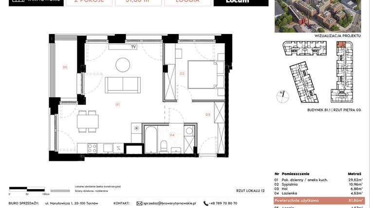 Rzut - Mieszkanie na sprzedaż 2 pokoje o powierzchni 51,86 m² - numer B1.1.12 w Browary Tarnowskie etap 1