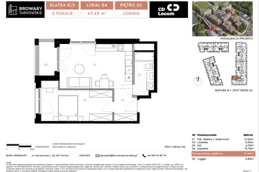 Rzut - Mieszkanie na sprzedaż 2 pokoje o powierzchni 47,49 m² - numer B1.1.84 w Browary Tarnowskie etap 1