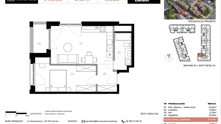 Rzut - Mieszkanie na sprzedaż 2 pokoje o powierzchni 47,49 m² - numer B1.1.84 w Browary Tarnowskie etap 1