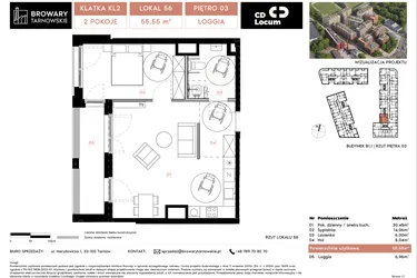 Rzut - Mieszkanie na sprzedaż 2 pokoje o powierzchni 55,55 m² - numer B1.1.56 w Browary Tarnowskie etap 1