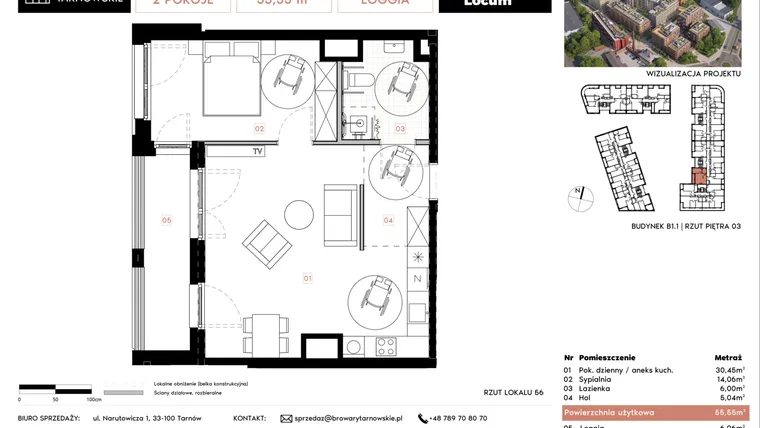 Rzut - Mieszkanie na sprzedaż 2 pokoje o powierzchni 55,55 m² - numer B1.1.56 w Browary Tarnowskie etap 1