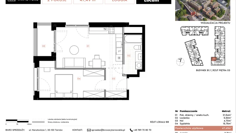 Rzut - Mieszkanie na sprzedaż 2 pokoje o powierzchni 47,49 m² - numer B1.1.88 w Browary Tarnowskie etap 1