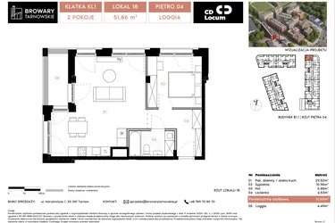 Rzut - Mieszkanie na sprzedaż 2 pokoje o powierzchni 51,86 m² - numer B1.1.18 w Browary Tarnowskie etap 1