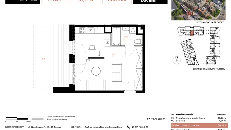 Rzut - Mieszkanie na sprzedaż 1 pokój o powierzchni 33,91 m² - numer B1.2.28 w Browary Tarnowskie etap 1