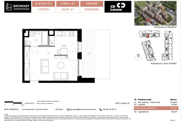 Rzut - Mieszkanie na sprzedaż 1 pokój o powierzchni 33,91 m² - numer B1.2.1 w Browary Tarnowskie etap 1