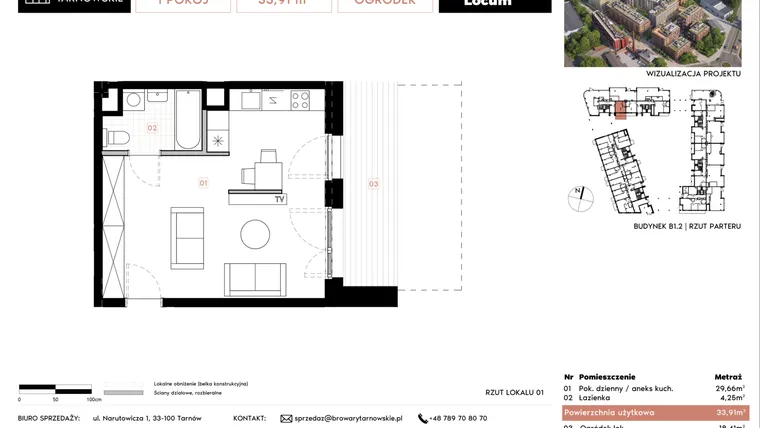 Rzut - Mieszkanie na sprzedaż 1 pokój o powierzchni 33,91 m² - numer B1.2.1 w Browary Tarnowskie etap 1