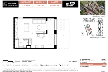 Rzut - Mieszkanie na sprzedaż 1 pokój o powierzchni 42,62 m² - numer B1.3.1 w Browary Tarnowskie etap 1