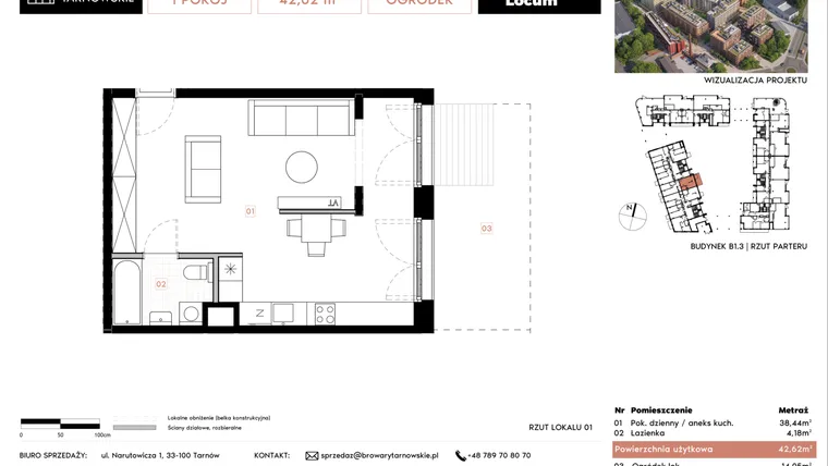 Rzut - Mieszkanie na sprzedaż 1 pokój o powierzchni 42,62 m² - numer B1.3.1 w Browary Tarnowskie etap 1