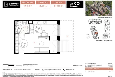 Rzut - Mieszkanie na sprzedaż 1 pokój o powierzchni 42,6 m² - numer B1.3.39 w Browary Tarnowskie etap 1