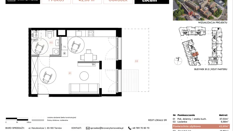 Rzut - Mieszkanie na sprzedaż 1 pokój o powierzchni 42,6 m² - numer B1.3.39 w Browary Tarnowskie etap 1