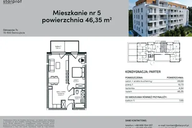 Rzut - Mieszkanie na sprzedaż 2 pokoje o powierzchni 46,35 m² - numer 5 w Odrowców 7C