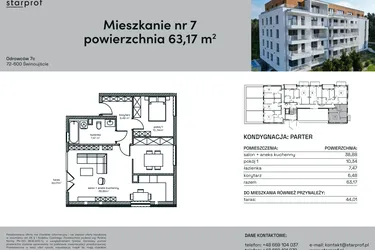 Rzut - Mieszkanie na sprzedaż 2 pokoje o powierzchni 63,17 m² - numer 7 w Odrowców 7C