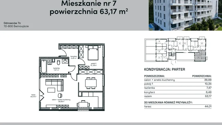 Rzut - Mieszkanie na sprzedaż 2 pokoje o powierzchni 63,17 m² - numer 7 w Odrowców 7C