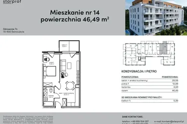 Rzut - Mieszkanie na sprzedaż 2 pokoje o powierzchni 46,49 m² - numer 14 w Odrowców 7C
