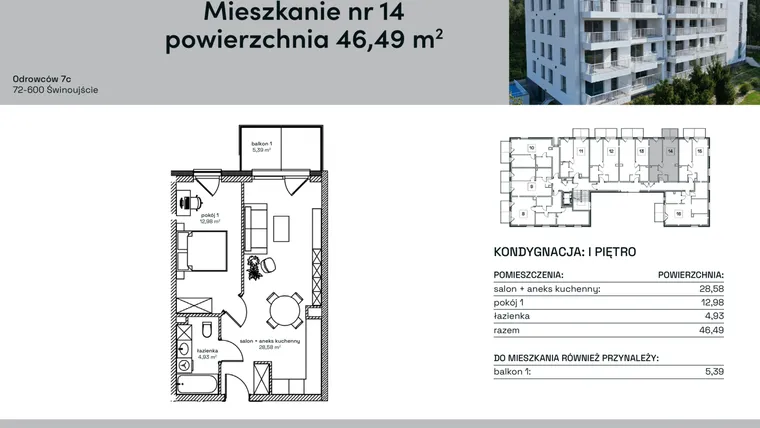 Rzut - Mieszkanie na sprzedaż 2 pokoje o powierzchni 46,49 m² - numer 14 w Odrowców 7C