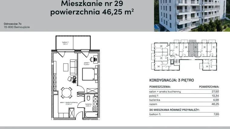 Rzut - Mieszkanie na sprzedaż 2 pokoje o powierzchni 46,25 m² - numer 29 w Odrowców 7C