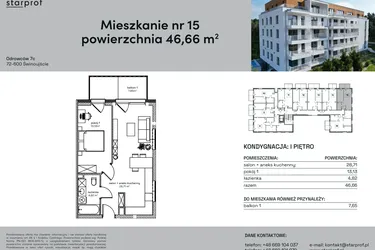 Rzut - Mieszkanie na sprzedaż 2 pokoje o powierzchni 46,66 m² - numer 15 w Odrowców 7C