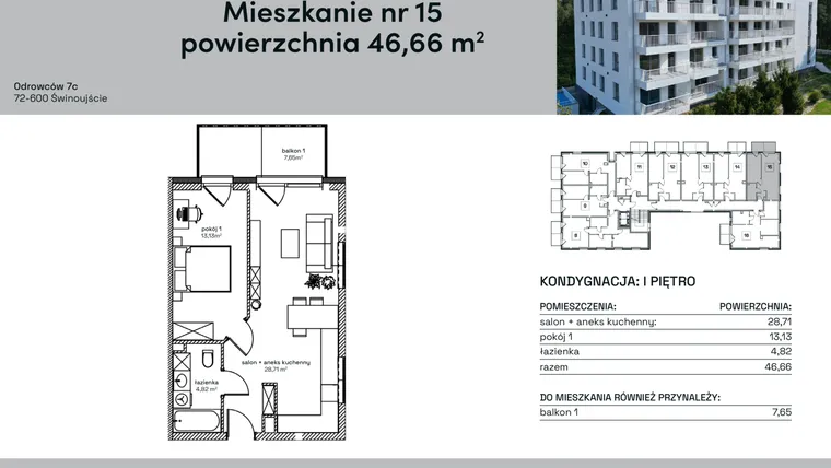 Rzut - Mieszkanie na sprzedaż 2 pokoje o powierzchni 46,66 m² - numer 15 w Odrowców 7C