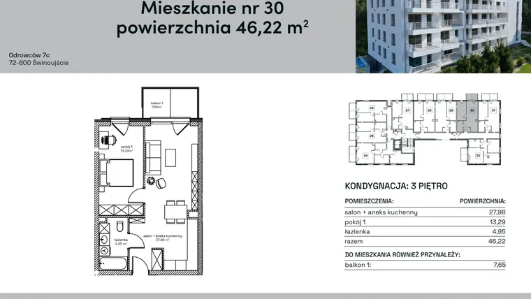 Rzut - Mieszkanie na sprzedaż 2 pokoje o powierzchni 46,22 m² - numer 30 w Odrowców 7C