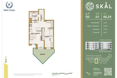 Rzut - Mieszkanie na sprzedaż 2 pokoje o powierzchni 46,34 m² - numer M.1 w Skal