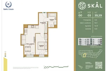 Rzut - Mieszkanie na sprzedaż 2 pokoje o powierzchni 39,59 m² - numer M.3 w Skal