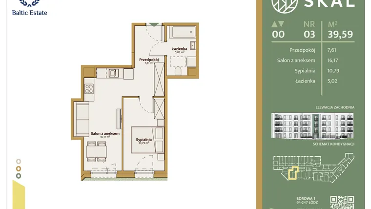 Rzut - Mieszkanie na sprzedaż 2 pokoje o powierzchni 39,59 m² - numer M.3 w Skal