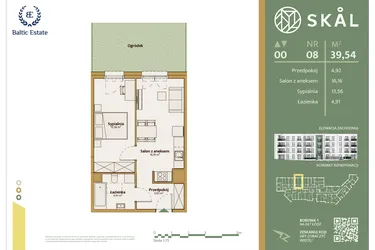 Rzut - Mieszkanie na sprzedaż 2 pokoje o powierzchni 39,54 m² - numer M.8 w Skal