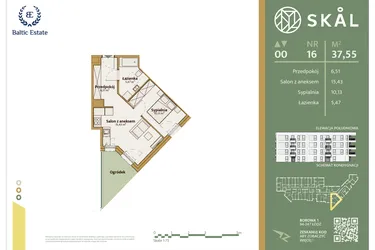 Rzut - Mieszkanie na sprzedaż 2 pokoje o powierzchni 38,64 m² - numer M.16 w Skal