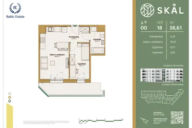 Rzut - Mieszkanie na sprzedaż 2 pokoje o powierzchni 38,61 m² - numer M.18 w Skal