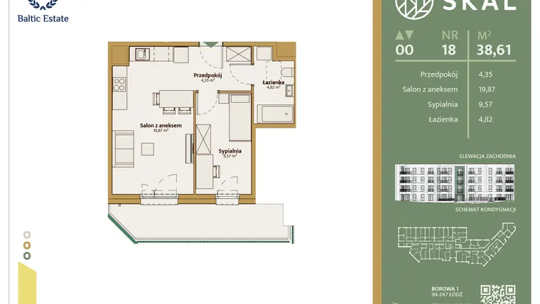 Rzut - Mieszkanie na sprzedaż 2 pokoje o powierzchni 38,61 m² - numer M.18 w Skal