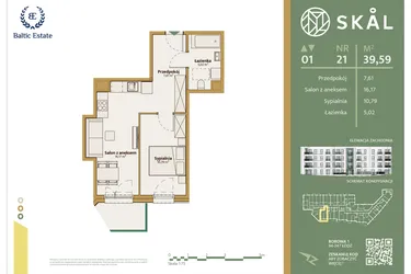Rzut - Mieszkanie na sprzedaż 2 pokoje o powierzchni 39,59 m² - numer M.21 w Skal