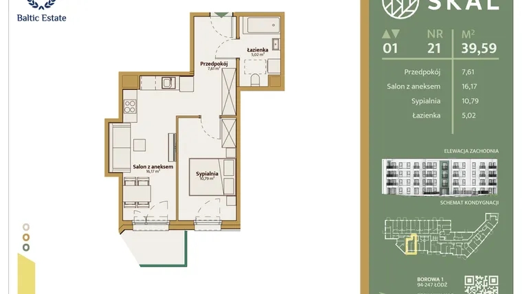 Rzut - Mieszkanie na sprzedaż 2 pokoje o powierzchni 39,59 m² - numer M.21 w Skal