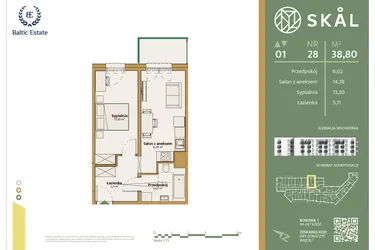 Rzut - Mieszkanie na sprzedaż 2 pokoje o powierzchni 38,8 m² - numer M.28 w Skal