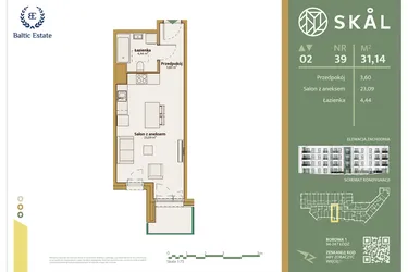 Rzut - Mieszkanie na sprzedaż 1 pokój o powierzchni 31,14 m² - numer M.39 w Skal