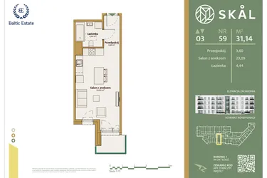 Rzut - Mieszkanie na sprzedaż 1 pokój o powierzchni 31,14 m² - numer M.59 w Skal