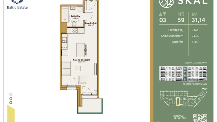 Rzut - Mieszkanie na sprzedaż 1 pokój o powierzchni 31,14 m² - numer M.59 w Skal