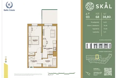 Rzut - Mieszkanie na sprzedaż 1 pokój o powierzchni 38,8 m² - numer M.68 w Skal