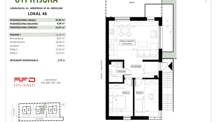 Rzut - Mieszkanie na sprzedaż 2 pokoje o powierzchni 62,66 m² - numer 46 w Cypryjska