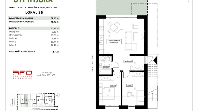 Rzut - Mieszkanie na sprzedaż 2 pokoje o powierzchni 62,86 m² - numer 36 w Cypryjska