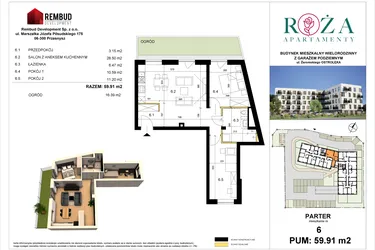 Rzut - Mieszkanie na sprzedaż 3 pokoje o powierzchni 59,91 m² - numer M  6 w Apartamenty Róża