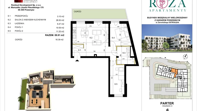 Rzut - Mieszkanie na sprzedaż 3 pokoje o powierzchni 59,91 m² - numer M  6 w Apartamenty Róża
