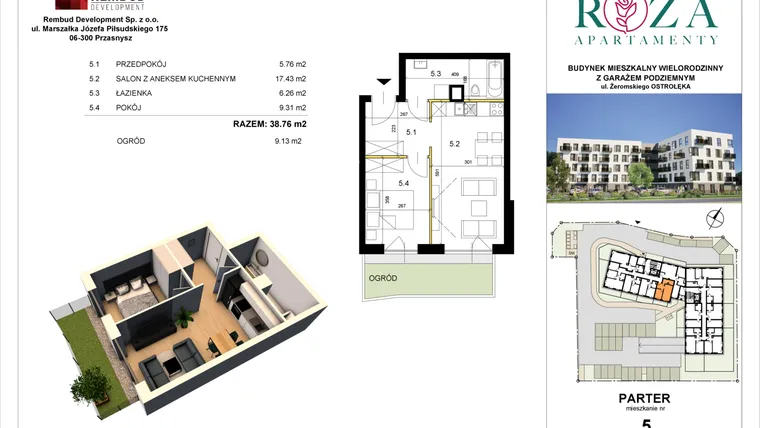 Rzut - Mieszkanie na sprzedaż 2 pokoje o powierzchni 38,76 m² - numer M  5 w Apartamenty Róża