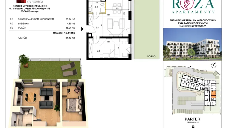 Rzut - Mieszkanie na sprzedaż 2 pokoje o powierzchni 45,14 m² - numer M  9 w Apartamenty Róża