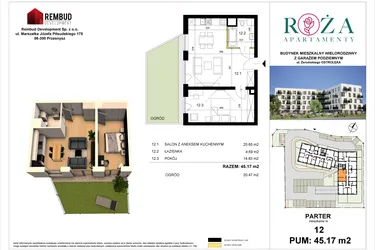 Rzut - Mieszkanie na sprzedaż 2 pokoje o powierzchni 45,17 m² - numer M  12 w Apartamenty Róża